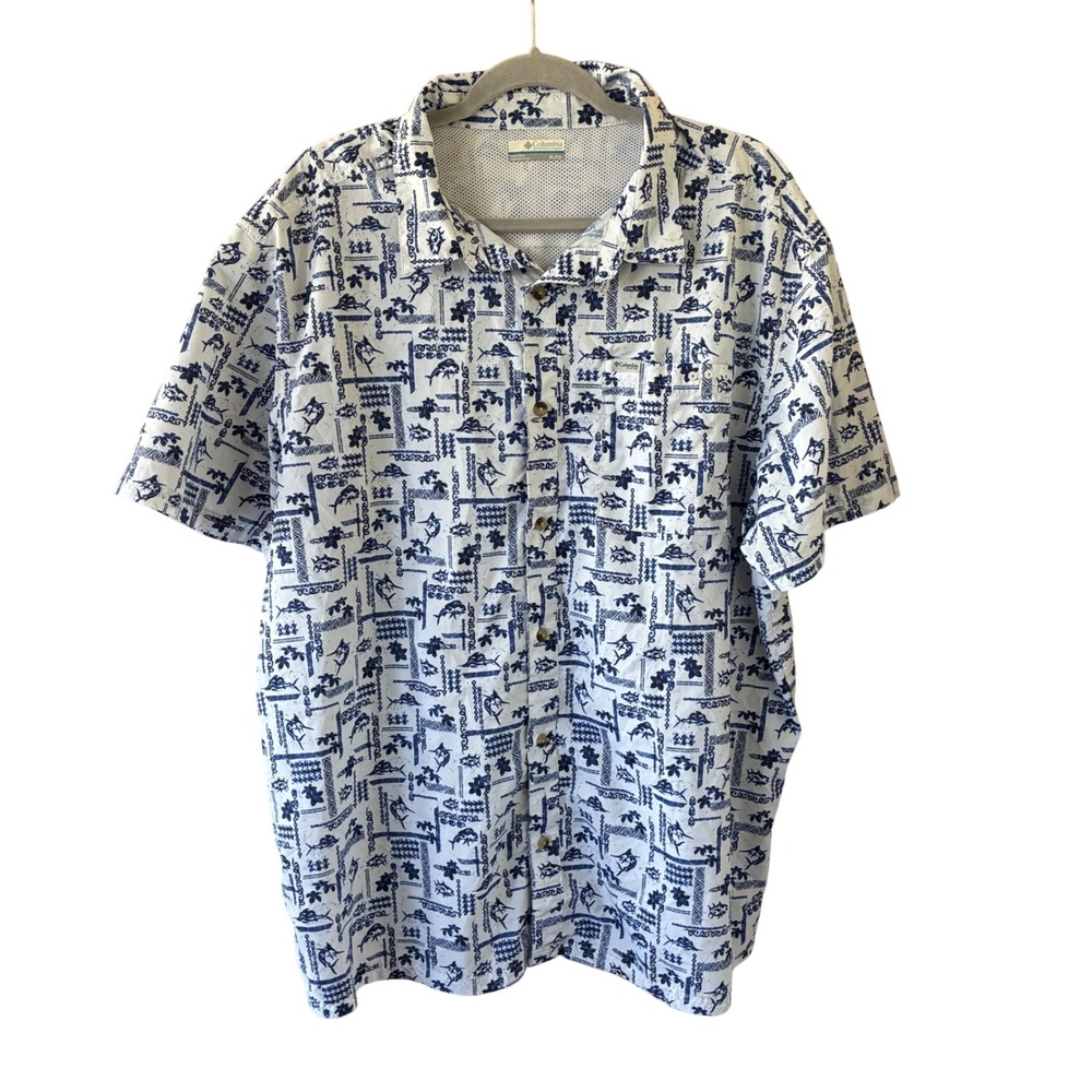 Columbia PFG Fishing Shirt Mens XL Blue White Fish Print Short Sleeve Patchwork